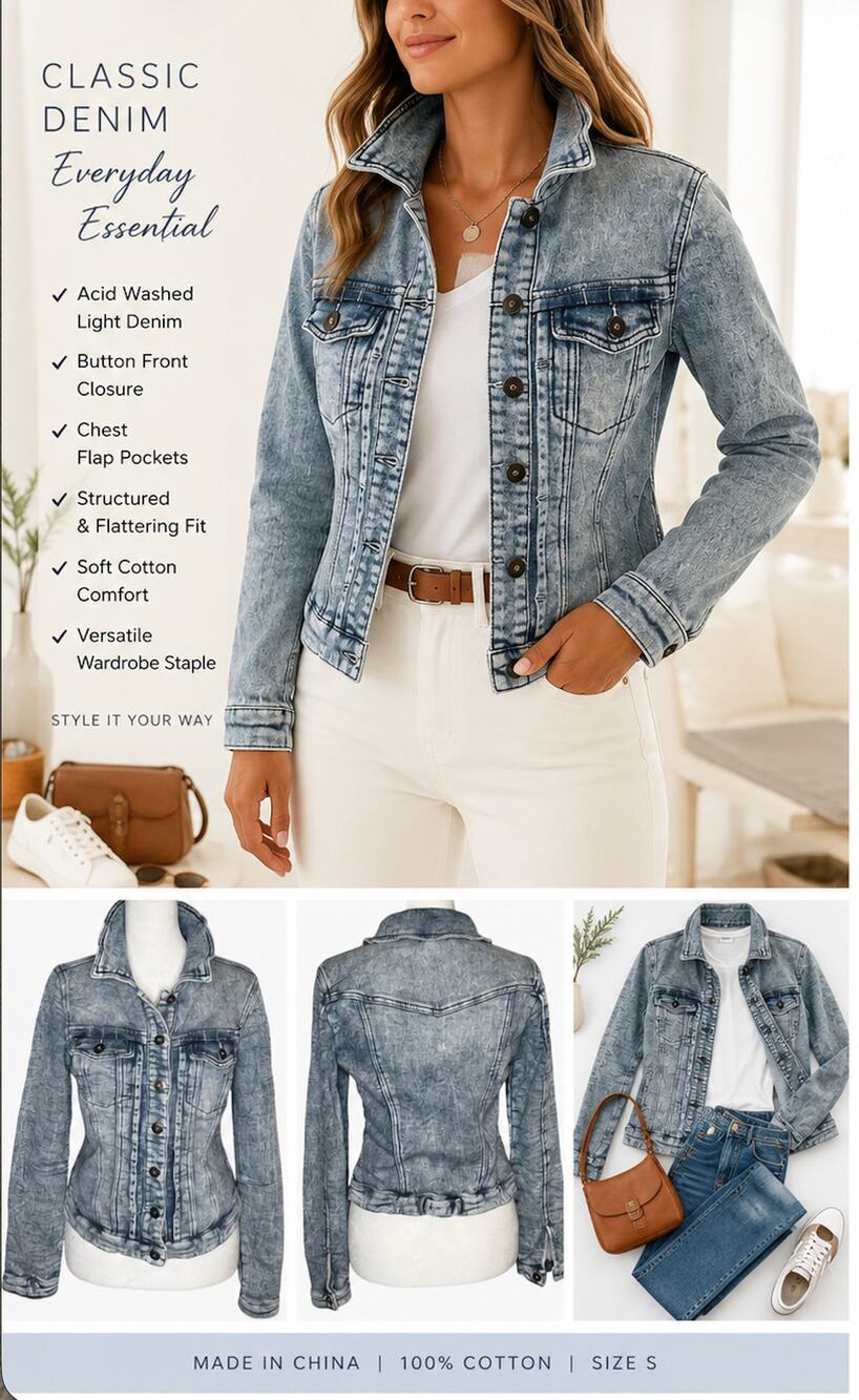 Line Denim Women's Light Acid Wash Denim Jacket Button Front Chest Pockets Small